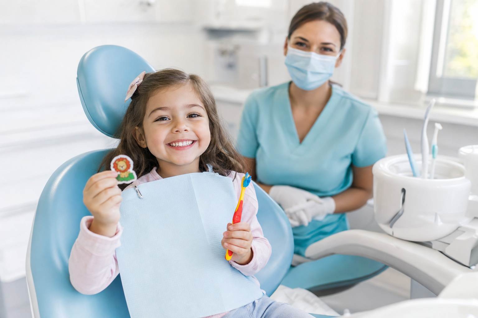 Улыбающийся ребёнок после приёма у детского стоматолога в клинике Estetic Dent