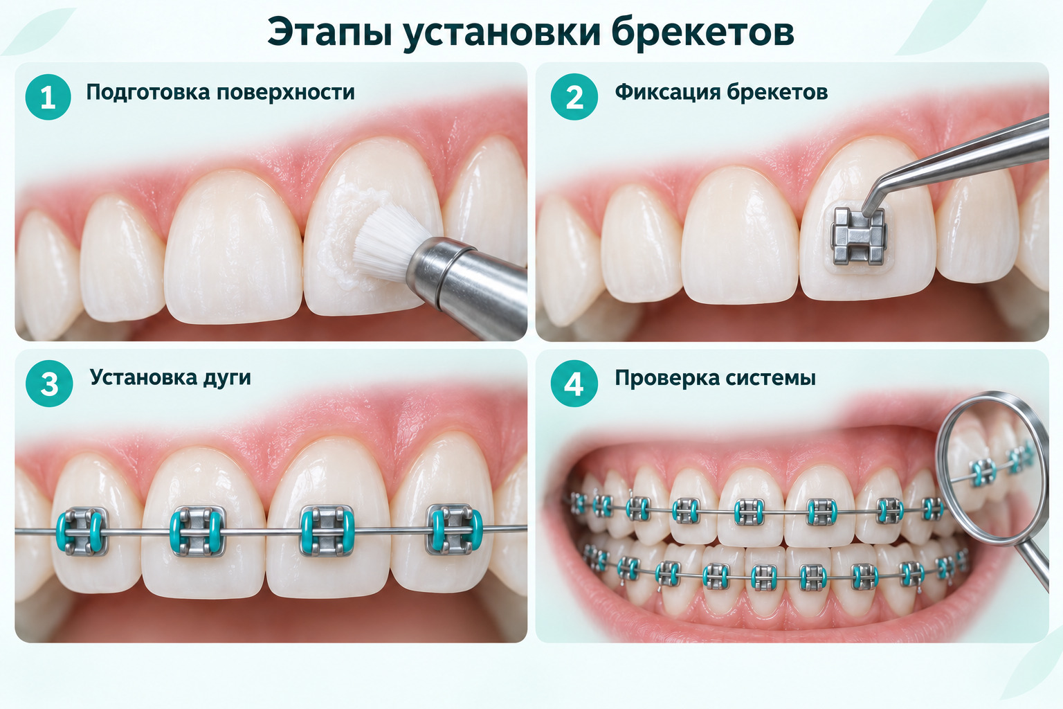 Этапы установки брекетов: подготовка эмали, фиксация брекетов, установка дуги и проверка системы