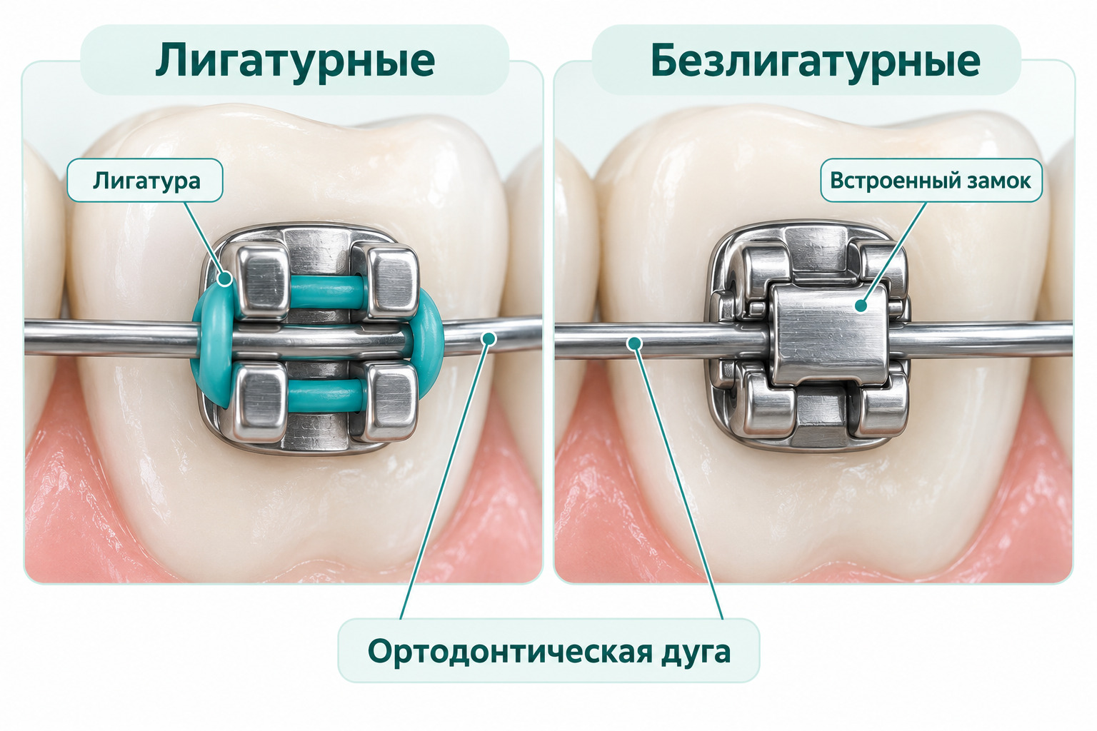 Сравнение фиксации ортодонтической дуги: эластичная лигатура и встроенный замок брекета