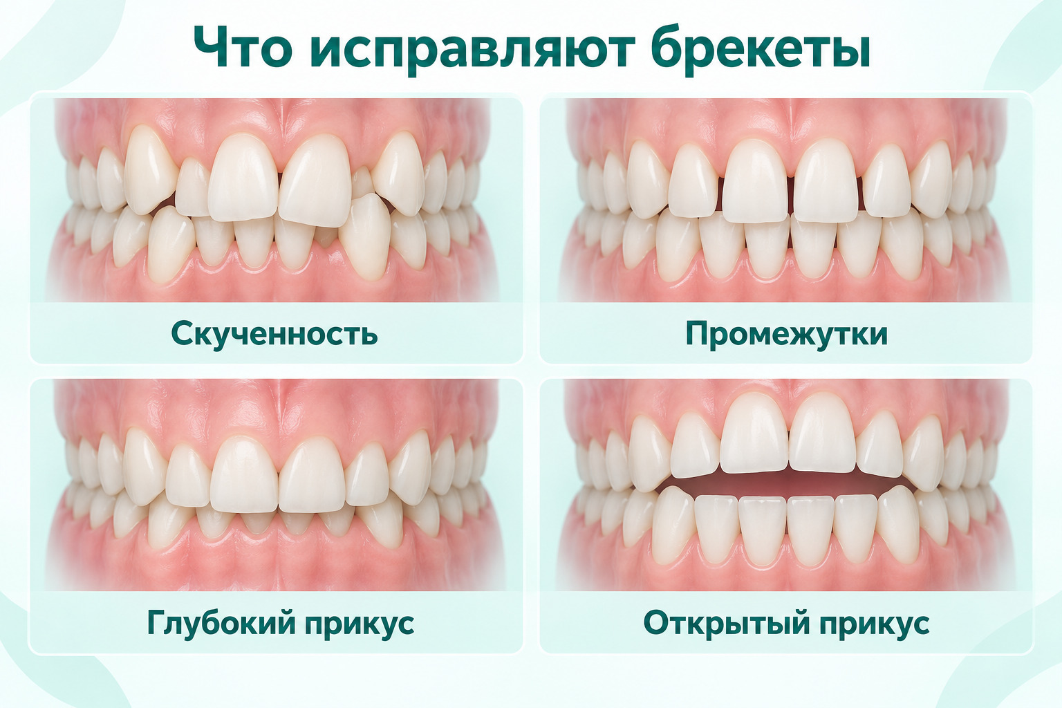 Схема скученности зубов, промежутков между зубами, глубокого и открытого прикуса