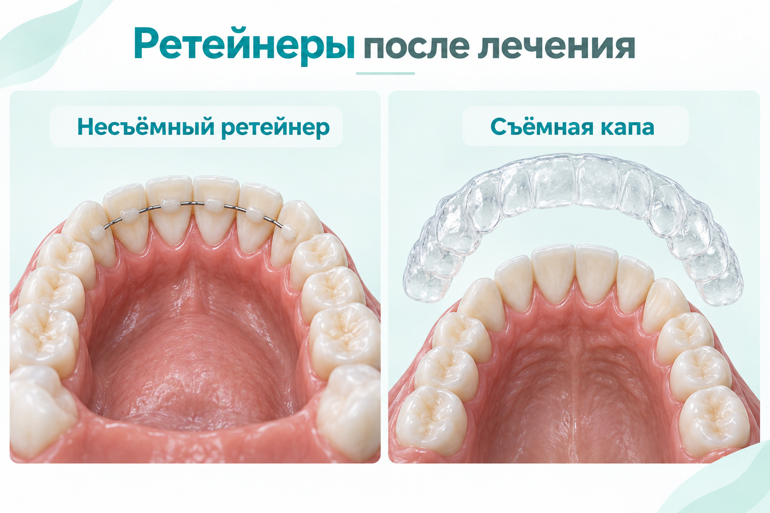 Несъёмный ретейнер на внутренней поверхности передних зубов и прозрачная съёмная ретенционная капа