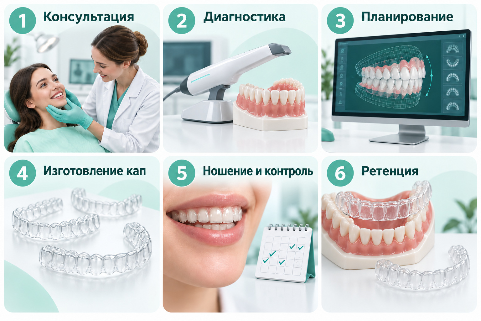 Этапы лечения элайнерами от консультации до ретенции