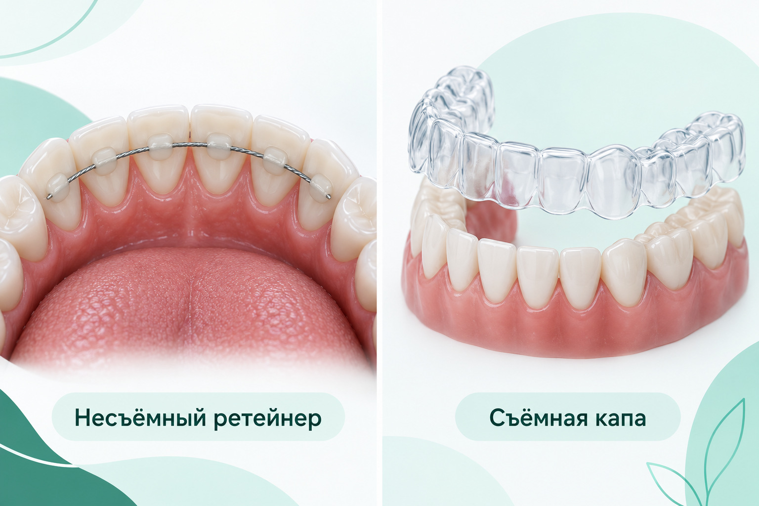 Несъёмный ретейнер на внутренней стороне зубов и съёмная ретенционная капа