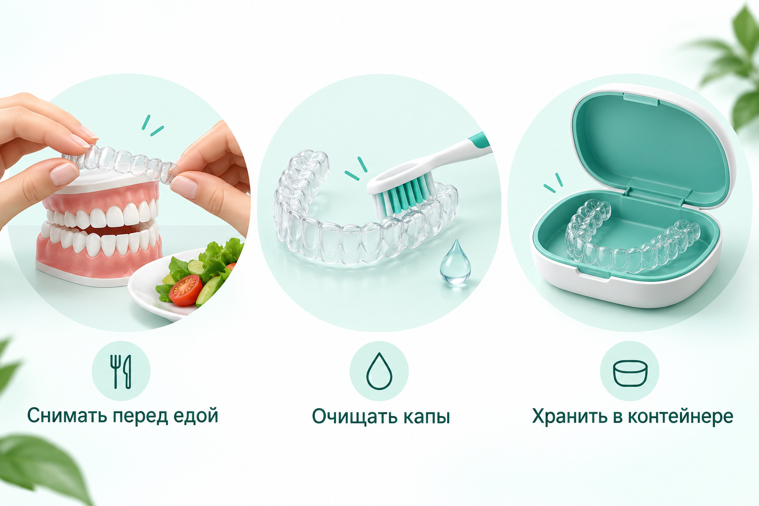 Снятие элайнеров перед едой, очистка и хранение в контейнере